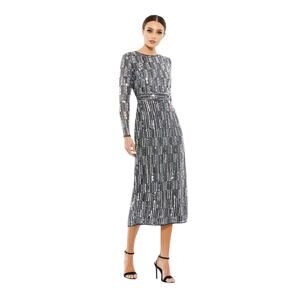Mac Duggal 16 NWD 93590 Charcoal Gray Embellished High Neck Midi Sheath Dress